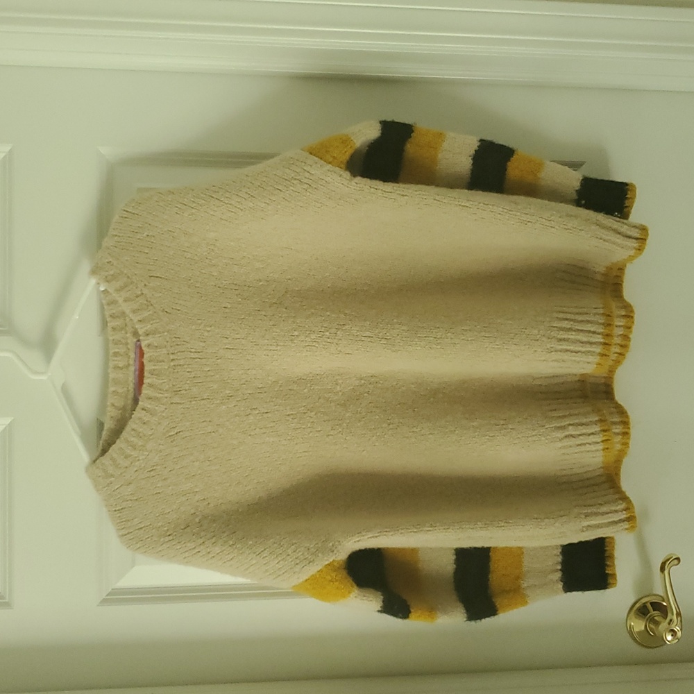 LA DoubleJ Cream Sweater with Yellow and Black Striped Sleeves